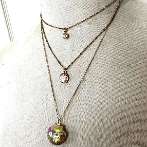 Seashell Locket Gold Tone 3 Tier Necklace - Picture 3 of 9